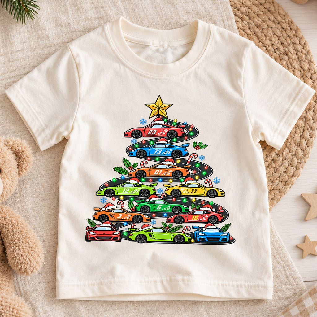 Race Car Christmas Tree Shirt, Sports Cars Kids T-Shirt, Racing Holiday Toddler Tee, Cool Supercar Tree Graphic Top, Boys Christmas Gift — product view 1