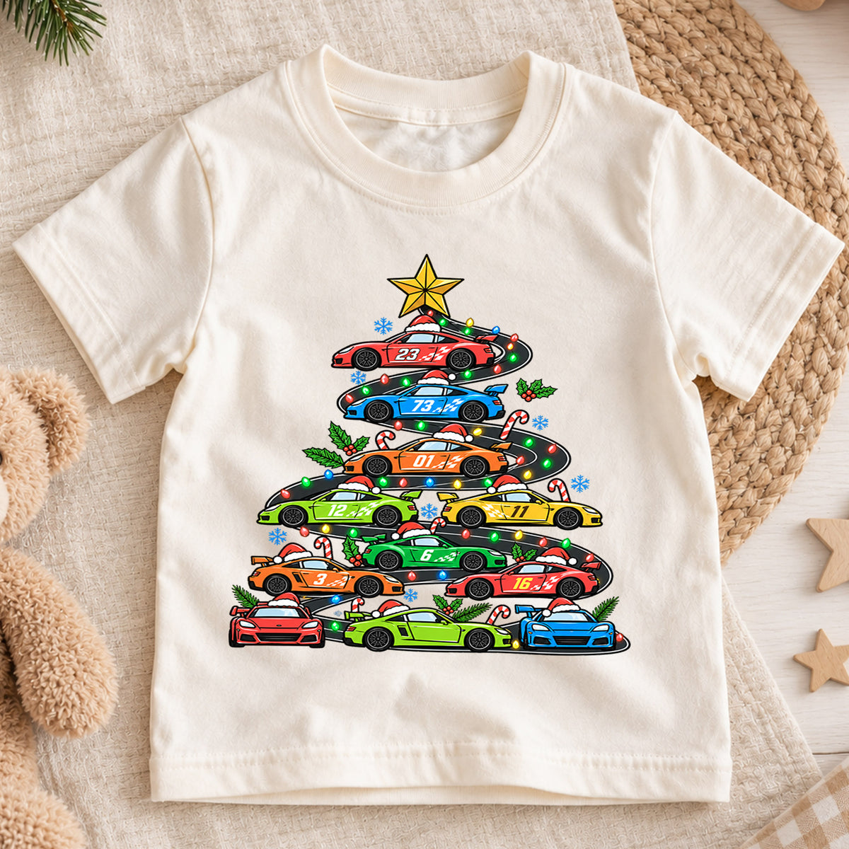 Race Car Christmas Tree Shirt, Sports Cars Kids T-Shirt, Racing Holiday Toddler Tee, Cool Supercar Tree Graphic Top, Boys Christmas Gift — product view 1