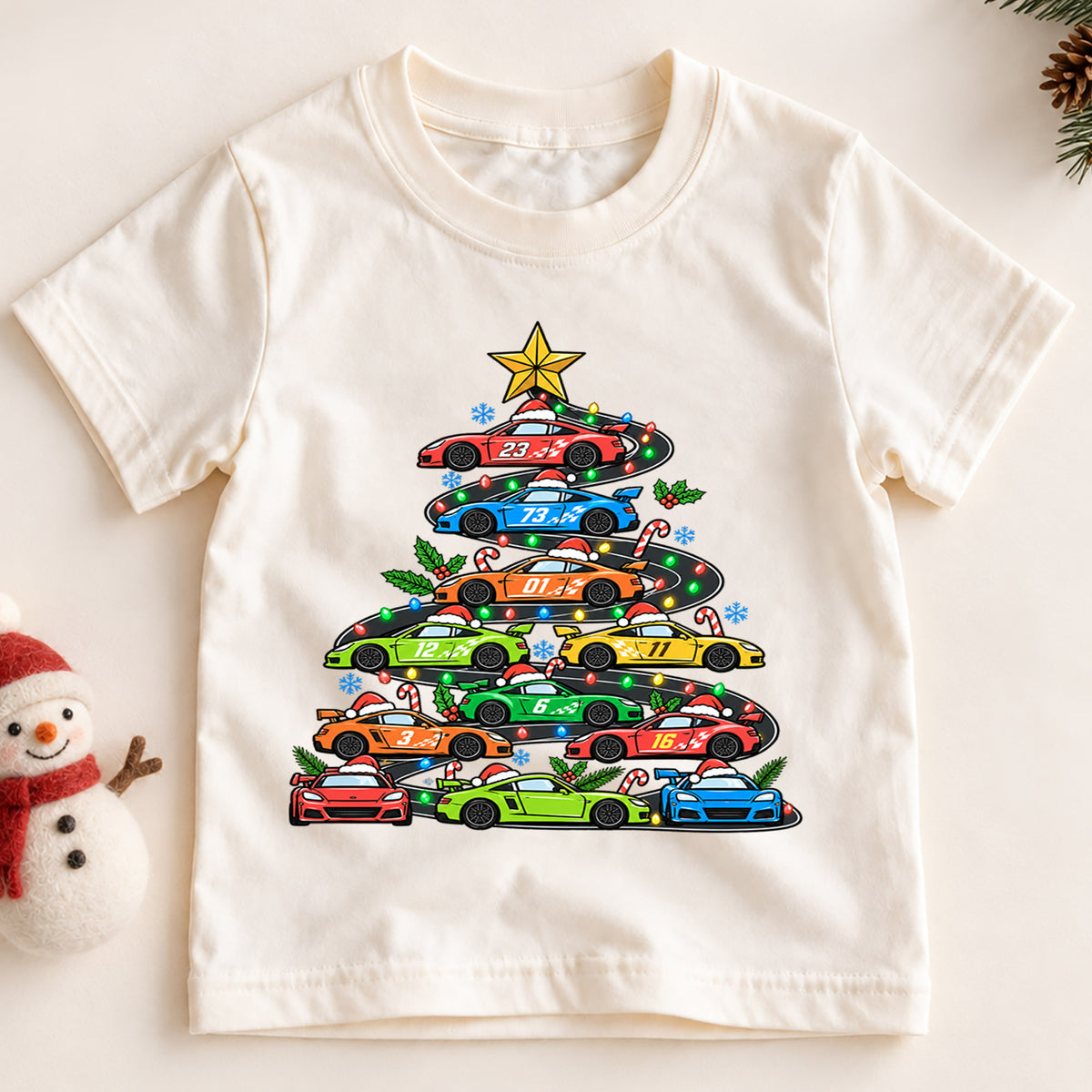 Race Car Christmas Tree Shirt, Sports Cars Kids T-Shirt, Racing Holiday Toddler Tee, Cool Supercar Tree Graphic Top, Boys Christmas Gift — product view 2