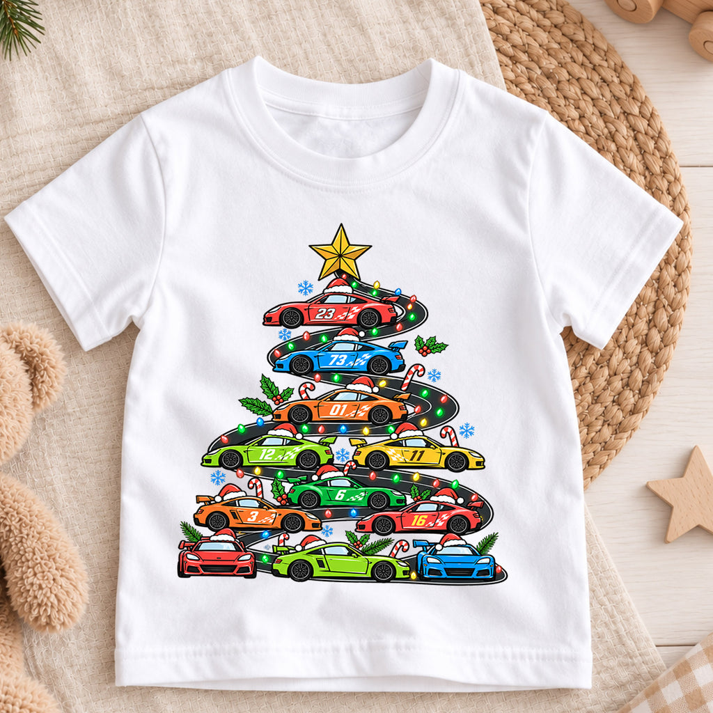 Race Car Christmas Tree Shirt, Sports Cars Kids T-Shirt, Racing Holiday Toddler Tee, Cool Supercar Tree Graphic Top, Boys Christmas Gift — product view 3