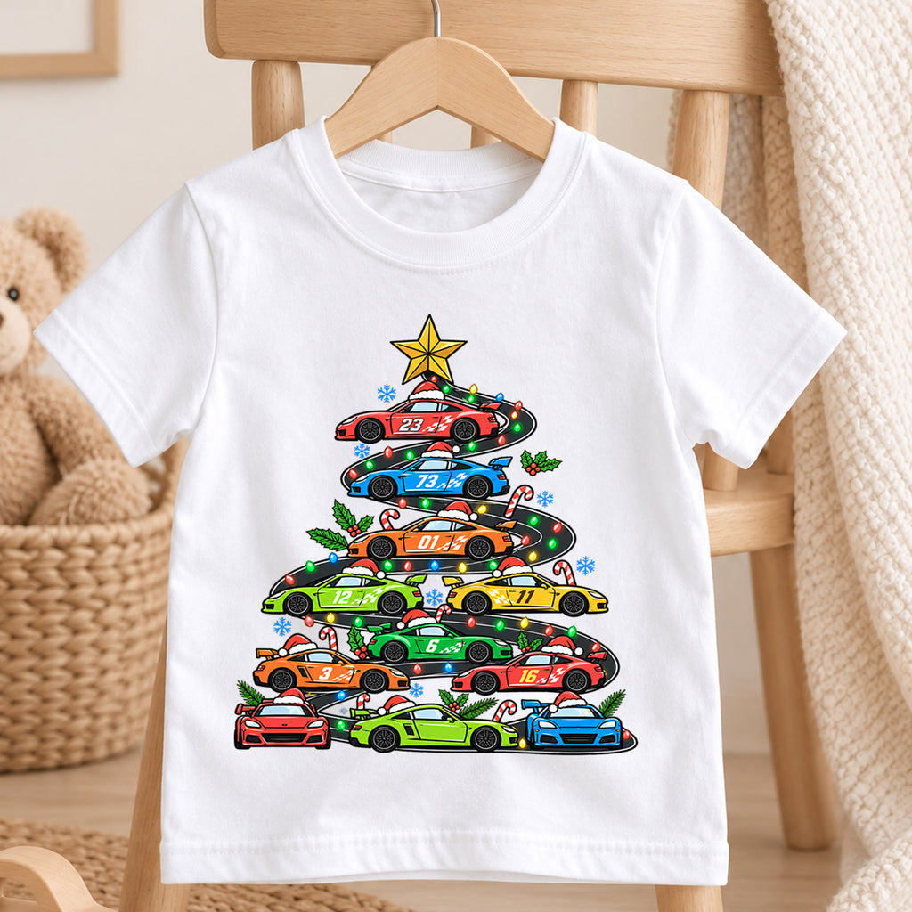 Race Car Christmas Tree Shirt, Sports Cars Kids T-Shirt, Racing Holiday Toddler Tee, Cool Supercar Tree Graphic Top, Boys Christmas Gift — product view 4