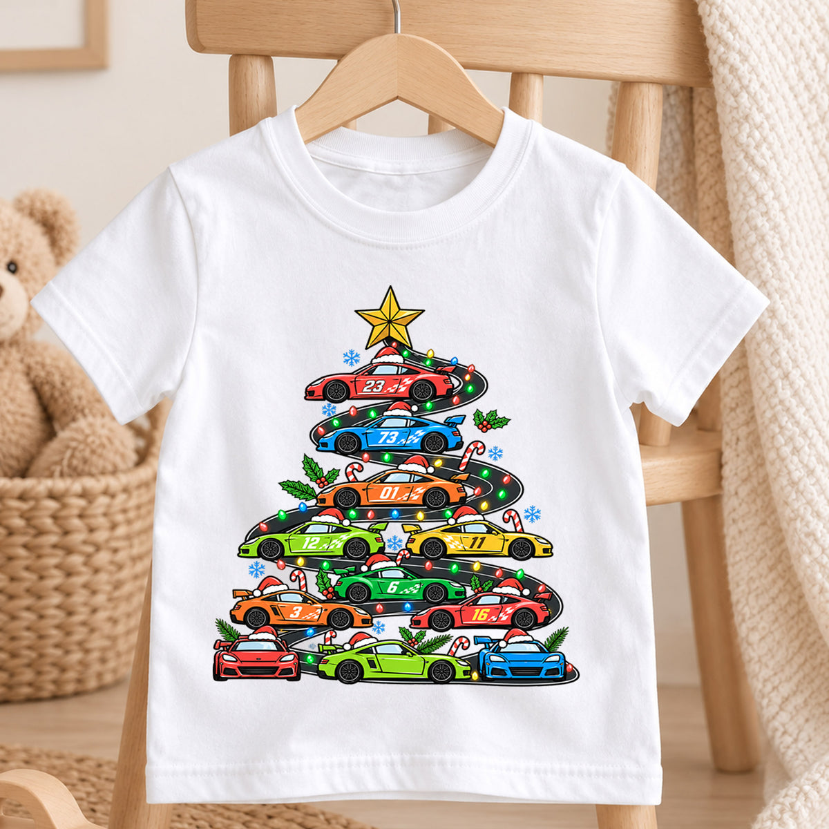 Race Car Christmas Tree Shirt, Sports Cars Kids T-Shirt, Racing Holiday Toddler Tee, Cool Supercar Tree Graphic Top, Boys Christmas Gift — product view 4