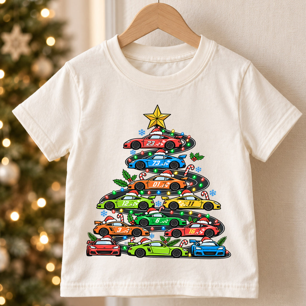 Race Car Christmas Tree Shirt, Sports Cars Kids T-Shirt, Racing Holiday Toddler Tee, Cool Supercar Tree Graphic Top, Boys Christmas Gift — product view 5