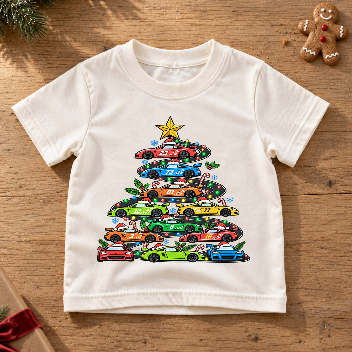 Race Car Christmas Tree Shirt, Sports Cars Kids T-Shirt, Racing Holiday Toddler Tee, Cool Supercar Tree Graphic Top, Boys Christmas Gift — product view 6