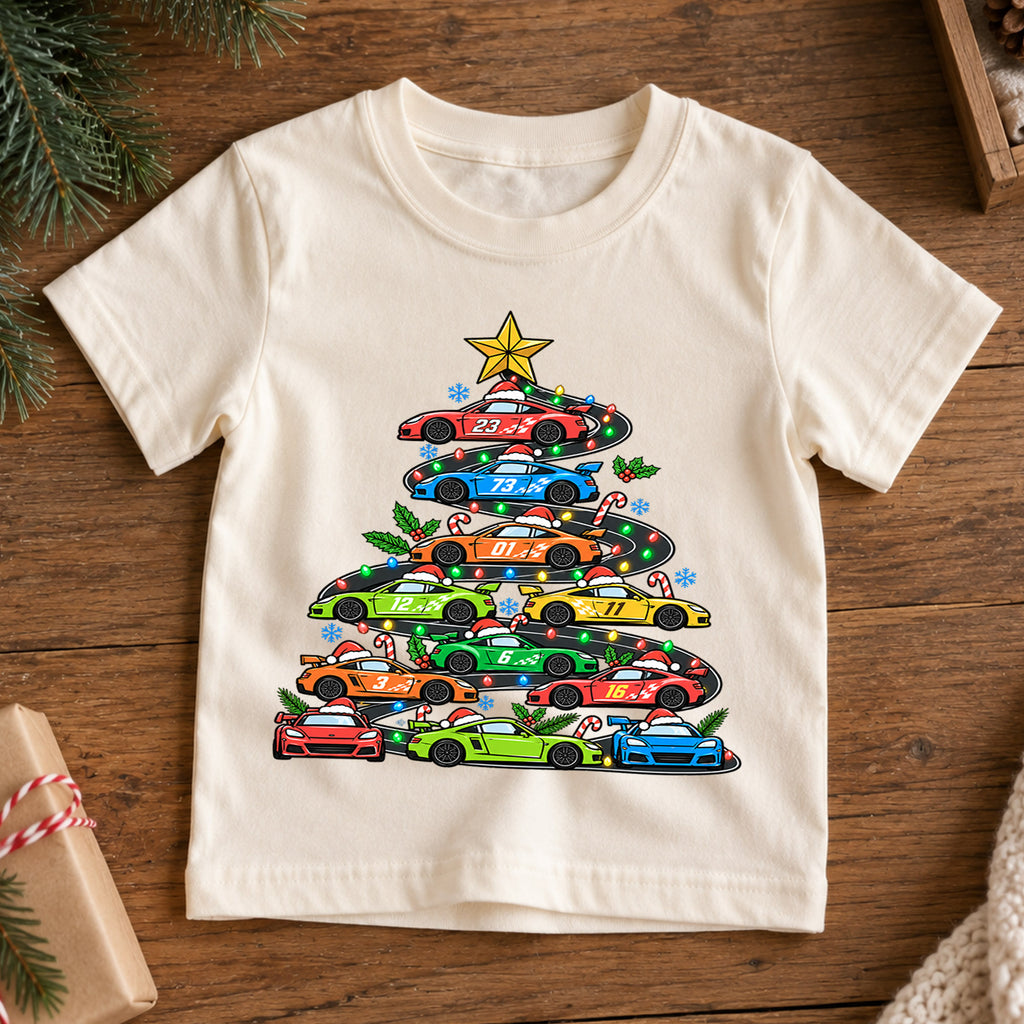 Race Car Christmas Tree Shirt, Sports Cars Kids T-Shirt, Racing Holiday Toddler Tee, Cool Supercar Tree Graphic Top, Boys Christmas Gift — product view 7