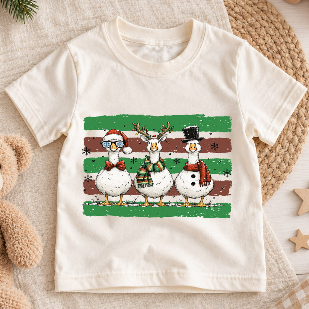 Cute Christmas Geese Shirt, Three Festive Ducks Kids T-Shirt, Retro Holiday Toddler Tee, Santa Reindeer Snowman Goose Outfit, Winter Gift — product view 1