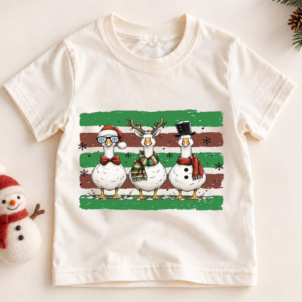 Cute Christmas Geese Shirt, Three Festive Ducks Kids T-Shirt, Retro Holiday Toddler Tee, Santa Reindeer Snowman Goose Outfit, Winter Gift — product view 2