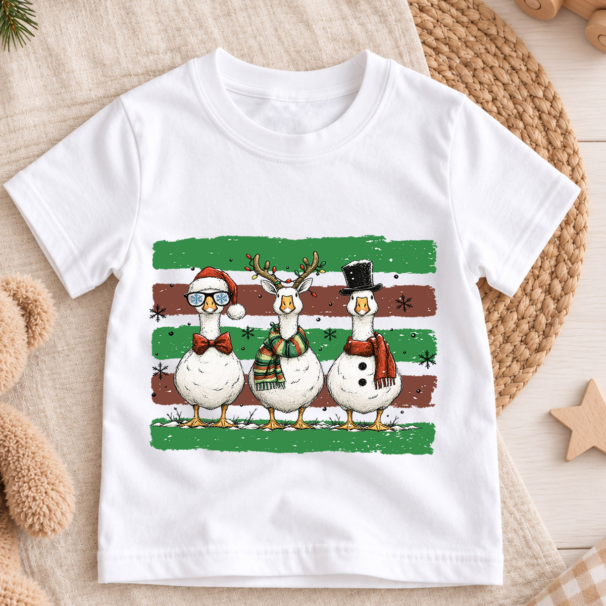 Cute Christmas Geese Shirt, Three Festive Ducks Kids T-Shirt, Retro Holiday Toddler Tee, Santa Reindeer Snowman Goose Outfit, Winter Gift — product view 3