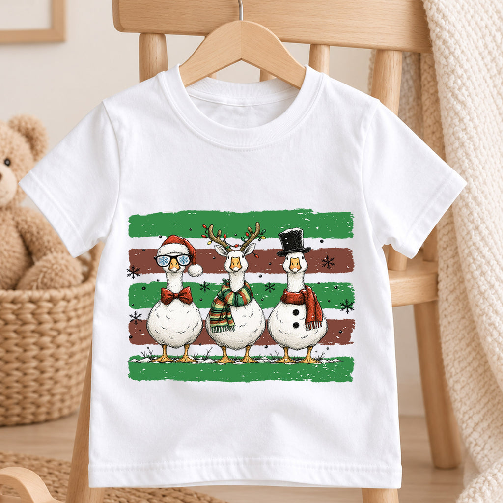 Cute Christmas Geese Shirt, Three Festive Ducks Kids T-Shirt, Retro Holiday Toddler Tee, Santa Reindeer Snowman Goose Outfit, Winter Gift — product view 4
