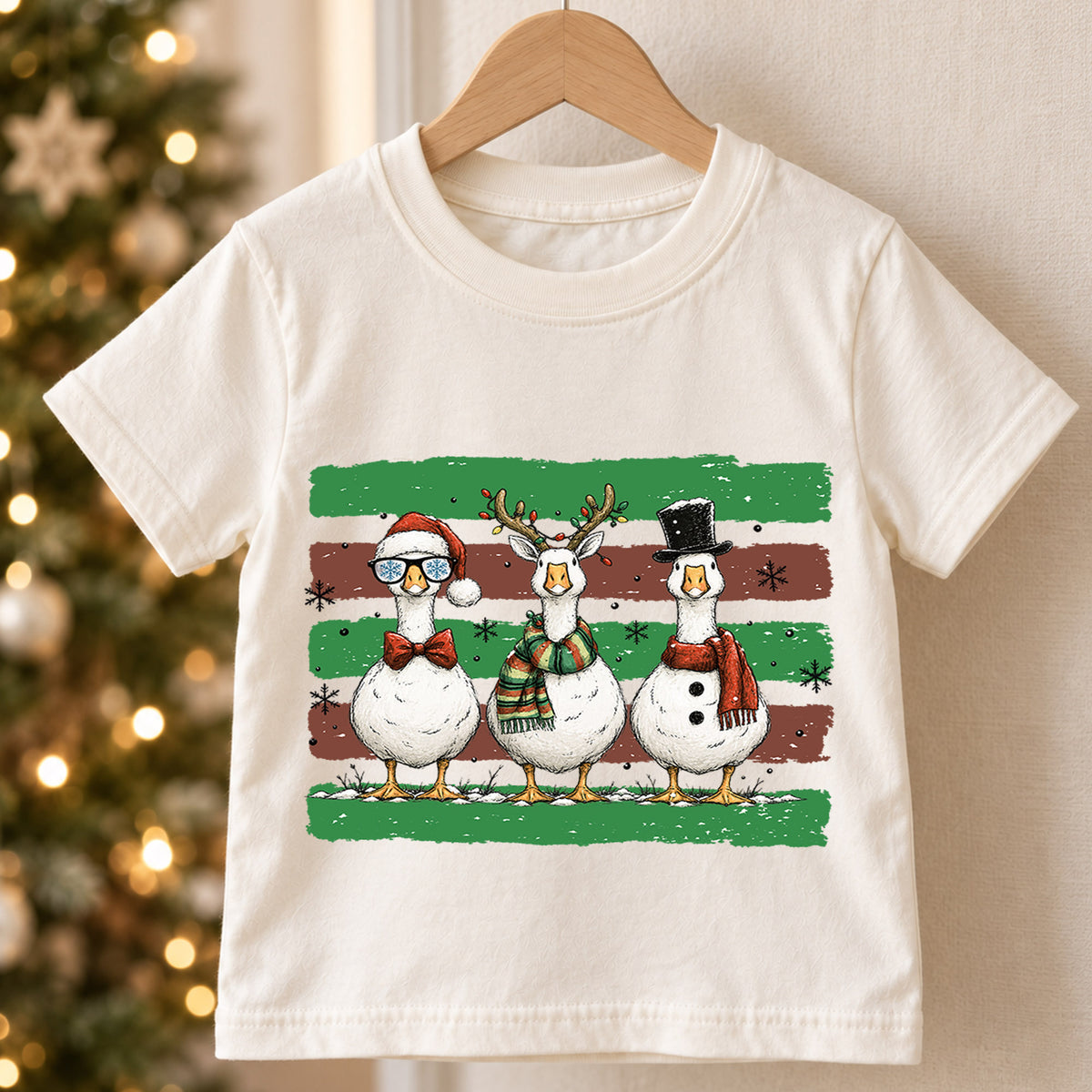 Cute Christmas Geese Shirt, Three Festive Ducks Kids T-Shirt, Retro Holiday Toddler Tee, Santa Reindeer Snowman Goose Outfit, Winter Gift — product view 5