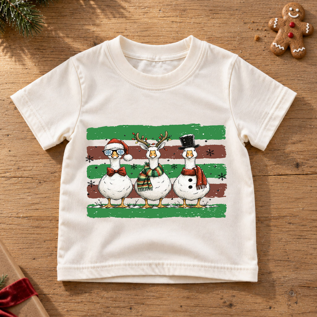 Cute Christmas Geese Shirt, Three Festive Ducks Kids T-Shirt, Retro Holiday Toddler Tee, Santa Reindeer Snowman Goose Outfit, Winter Gift — product view 6