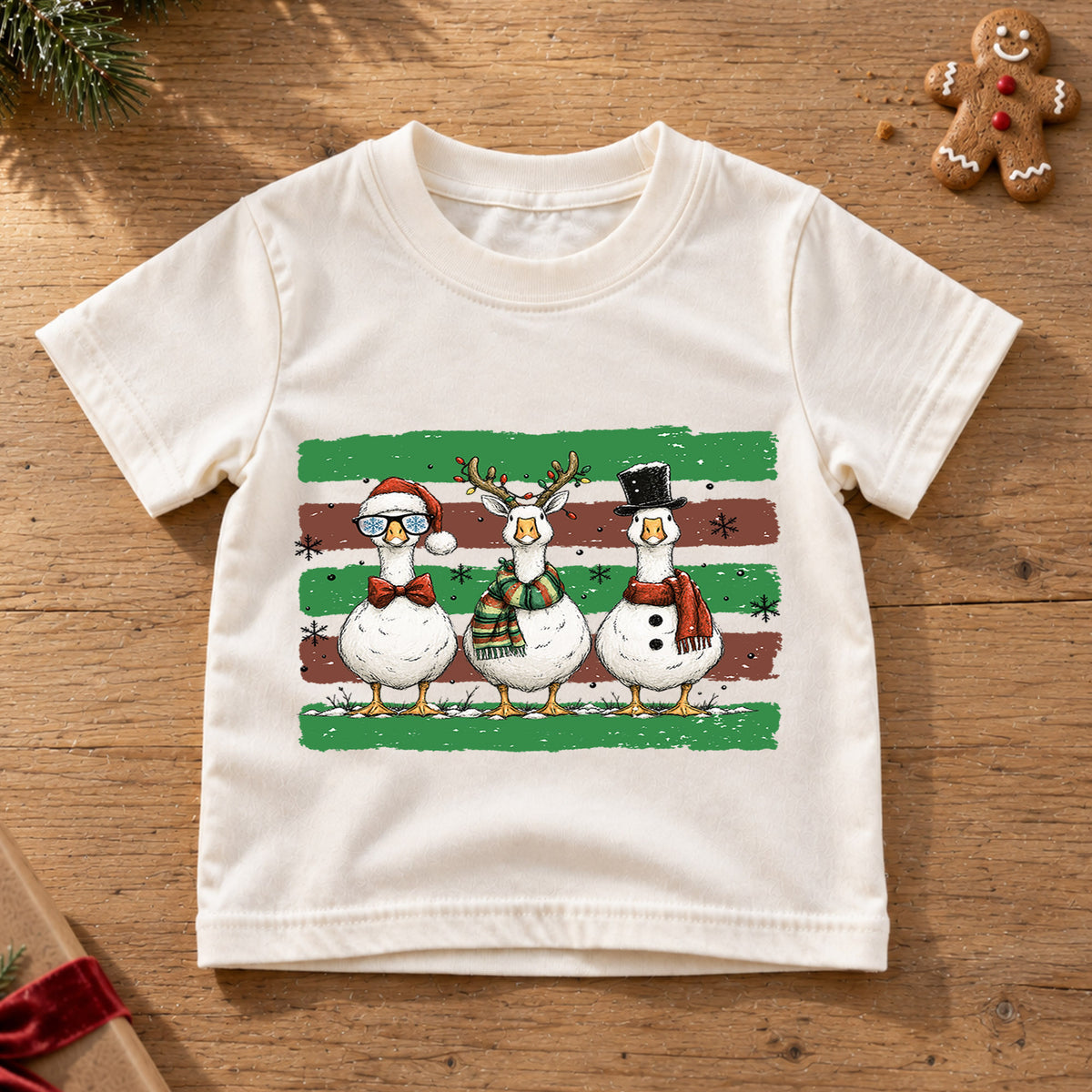 Cute Christmas Geese Shirt, Three Festive Ducks Kids T-Shirt, Retro Holiday Toddler Tee, Santa Reindeer Snowman Goose Outfit, Winter Gift — product view 6