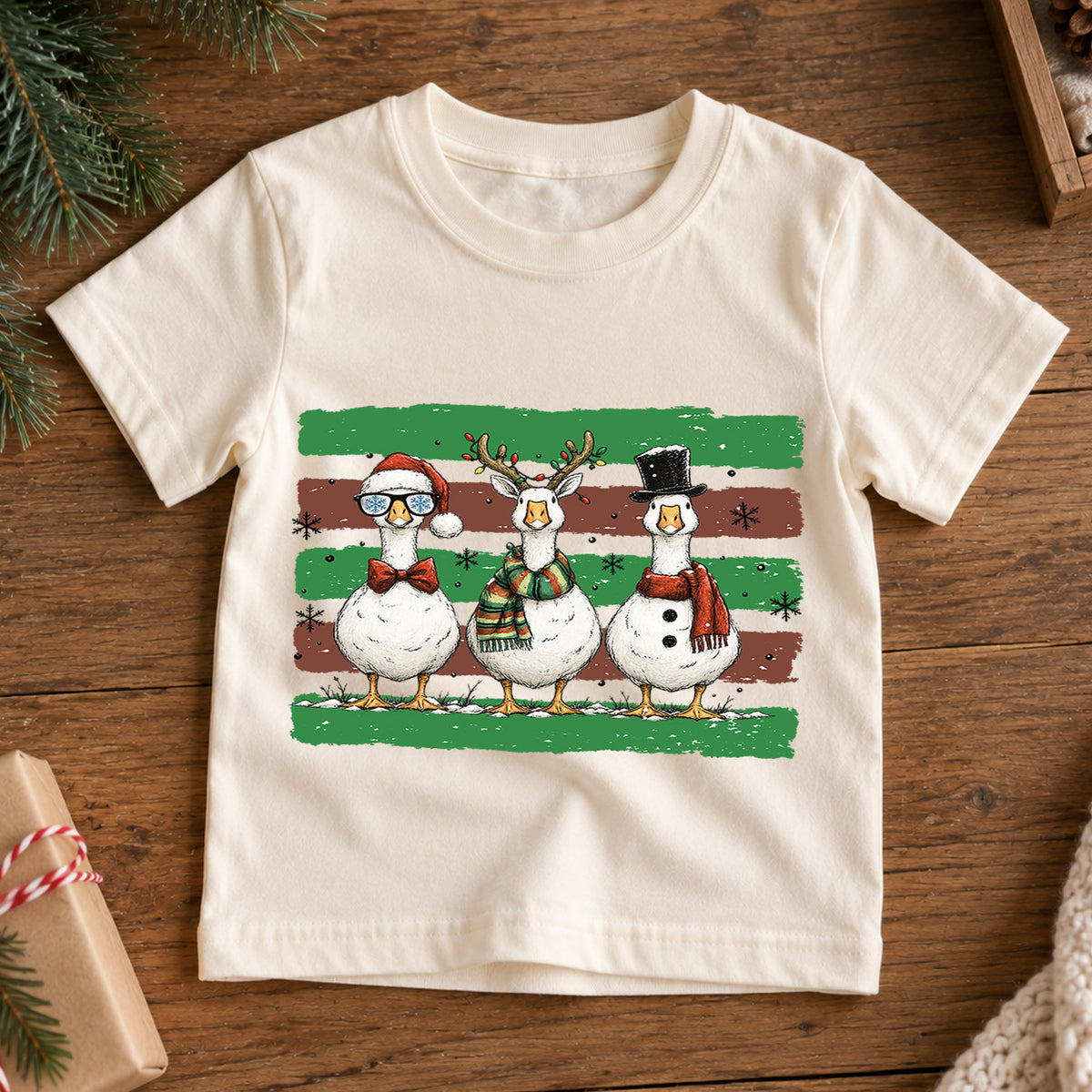 Cute Christmas Geese Shirt, Three Festive Ducks Kids T-Shirt, Retro Holiday Toddler Tee, Santa Reindeer Snowman Goose Outfit, Winter Gift — product view 7