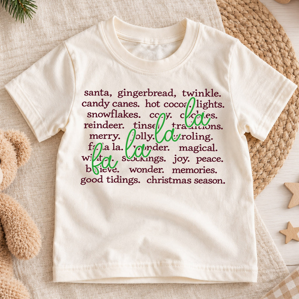 Fa La La Christmas Words Shirt, Holiday Vocabulary Kids T-Shirt, Aesthetic Winter Toddler Tee, Neutral Xmas Typographic Top, Holiday Gift — product view 1