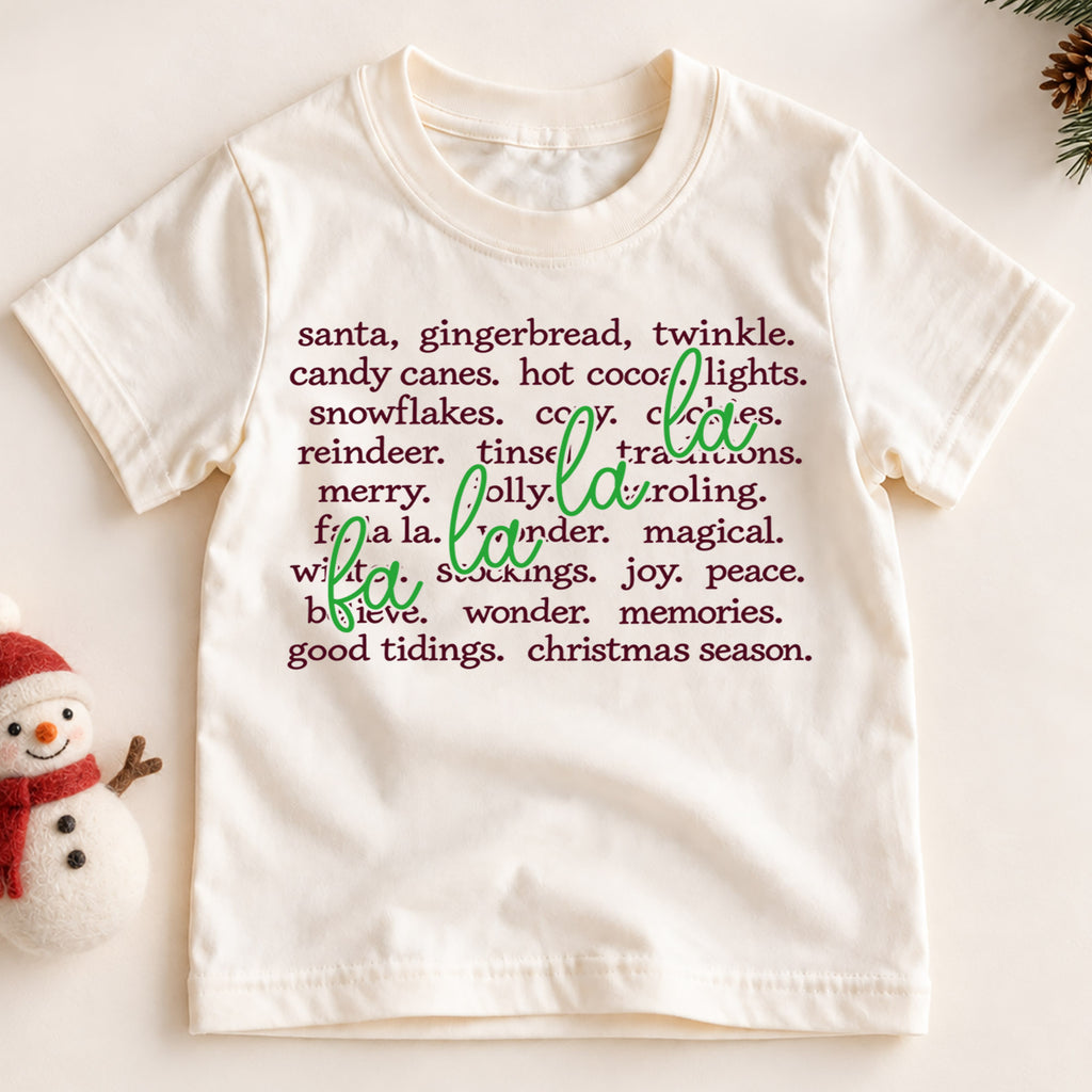 Fa La La Christmas Words Shirt, Holiday Vocabulary Kids T-Shirt, Aesthetic Winter Toddler Tee, Neutral Xmas Typographic Top, Holiday Gift — product view 2