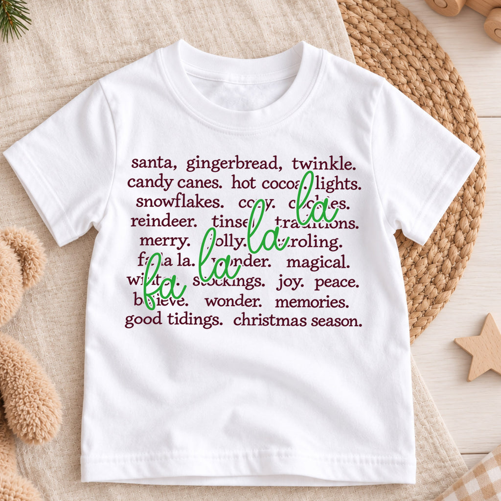 Fa La La Christmas Words Shirt, Holiday Vocabulary Kids T-Shirt, Aesthetic Winter Toddler Tee, Neutral Xmas Typographic Top, Holiday Gift — product view 3