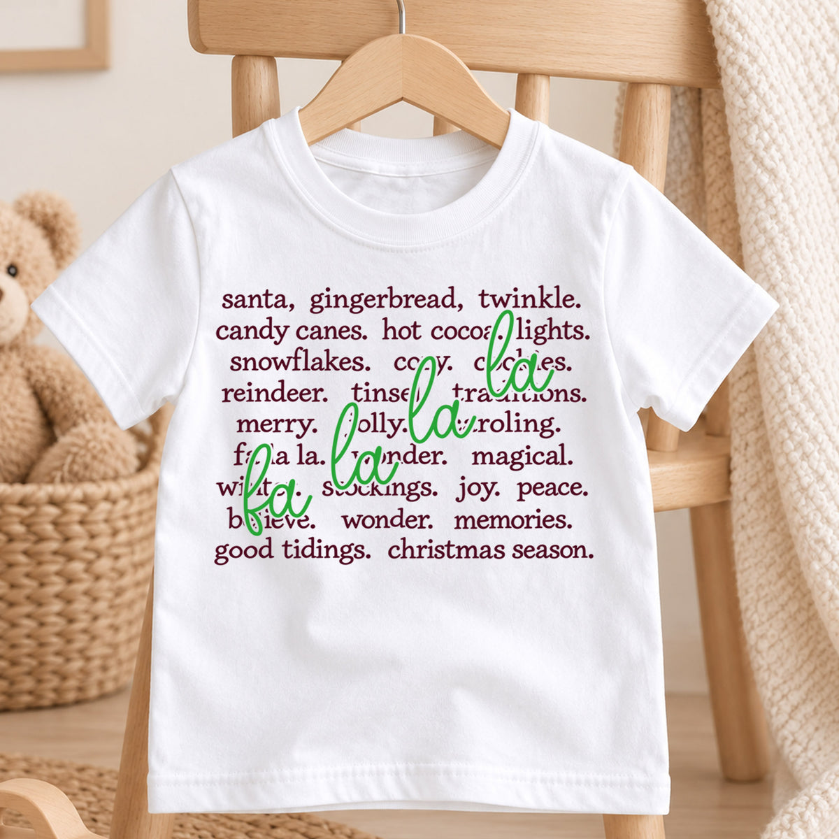 Fa La La Christmas Words Shirt, Holiday Vocabulary Kids T-Shirt, Aesthetic Winter Toddler Tee, Neutral Xmas Typographic Top, Holiday Gift — product view 4