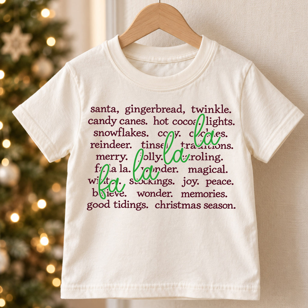 Fa La La Christmas Words Shirt, Holiday Vocabulary Kids T-Shirt, Aesthetic Winter Toddler Tee, Neutral Xmas Typographic Top, Holiday Gift — product view 5