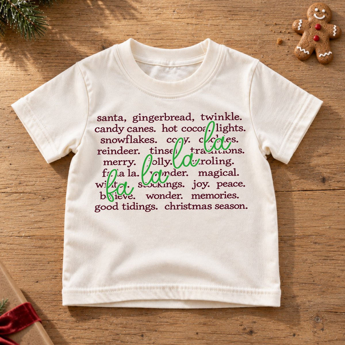 Fa La La Christmas Words Shirt, Holiday Vocabulary Kids T-Shirt, Aesthetic Winter Toddler Tee, Neutral Xmas Typographic Top, Holiday Gift — product view 6