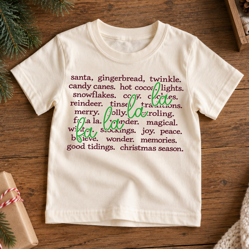 Fa La La Christmas Words Shirt, Holiday Vocabulary Kids T-Shirt, Aesthetic Winter Toddler Tee, Neutral Xmas Typographic Top, Holiday Gift — product view 7