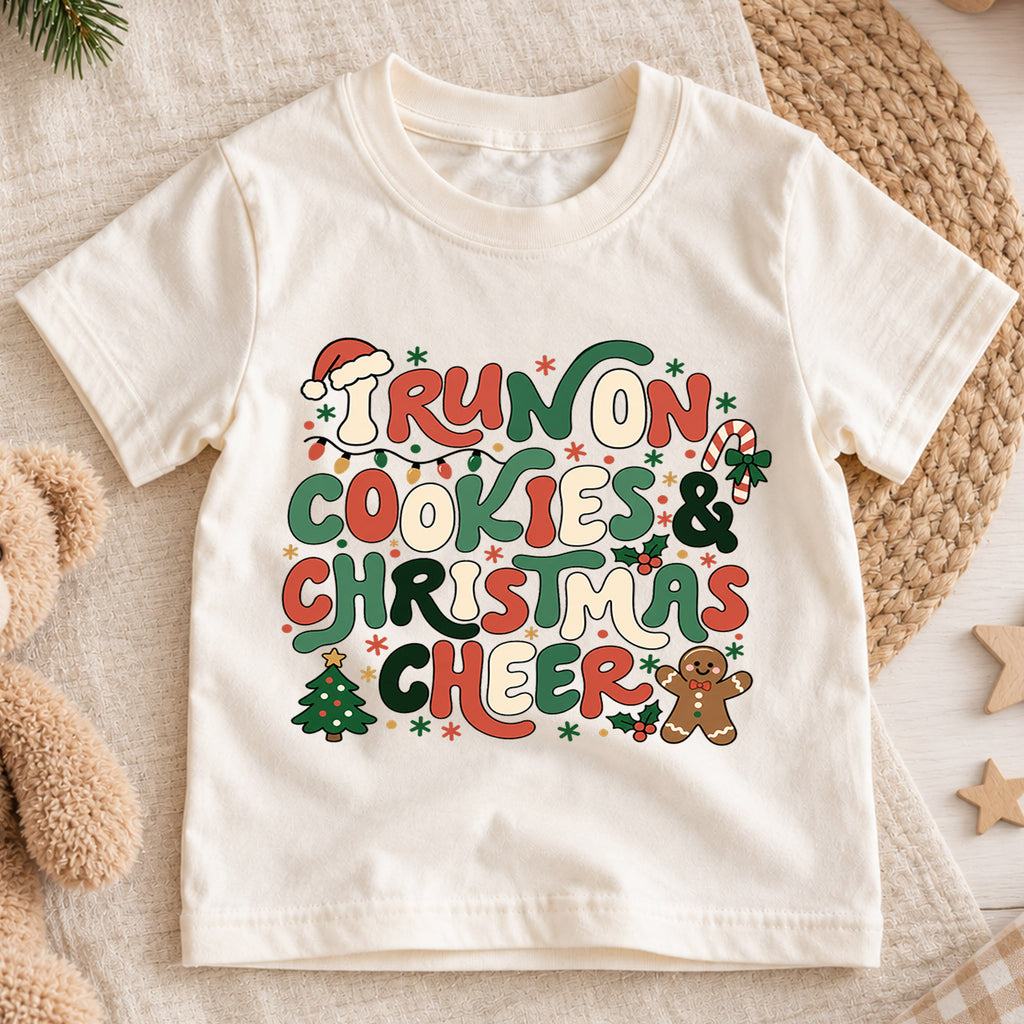 I Run On Cookies Christmas Cheer Shirt, Retro Gingerbread Toddler Tee, Cute Holiday Kids T-Shirt, Christmas Cookie Lover Top, Xmas Gift — product view 1