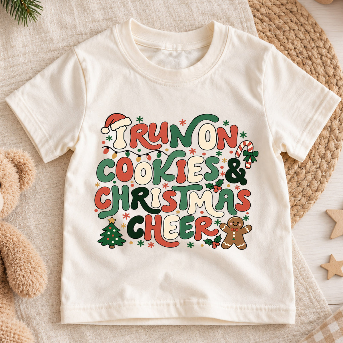 I Run On Cookies Christmas Cheer Shirt, Retro Gingerbread Toddler Tee, Cute Holiday Kids T-Shirt, Christmas Cookie Lover Top, Xmas Gift — product view 1
