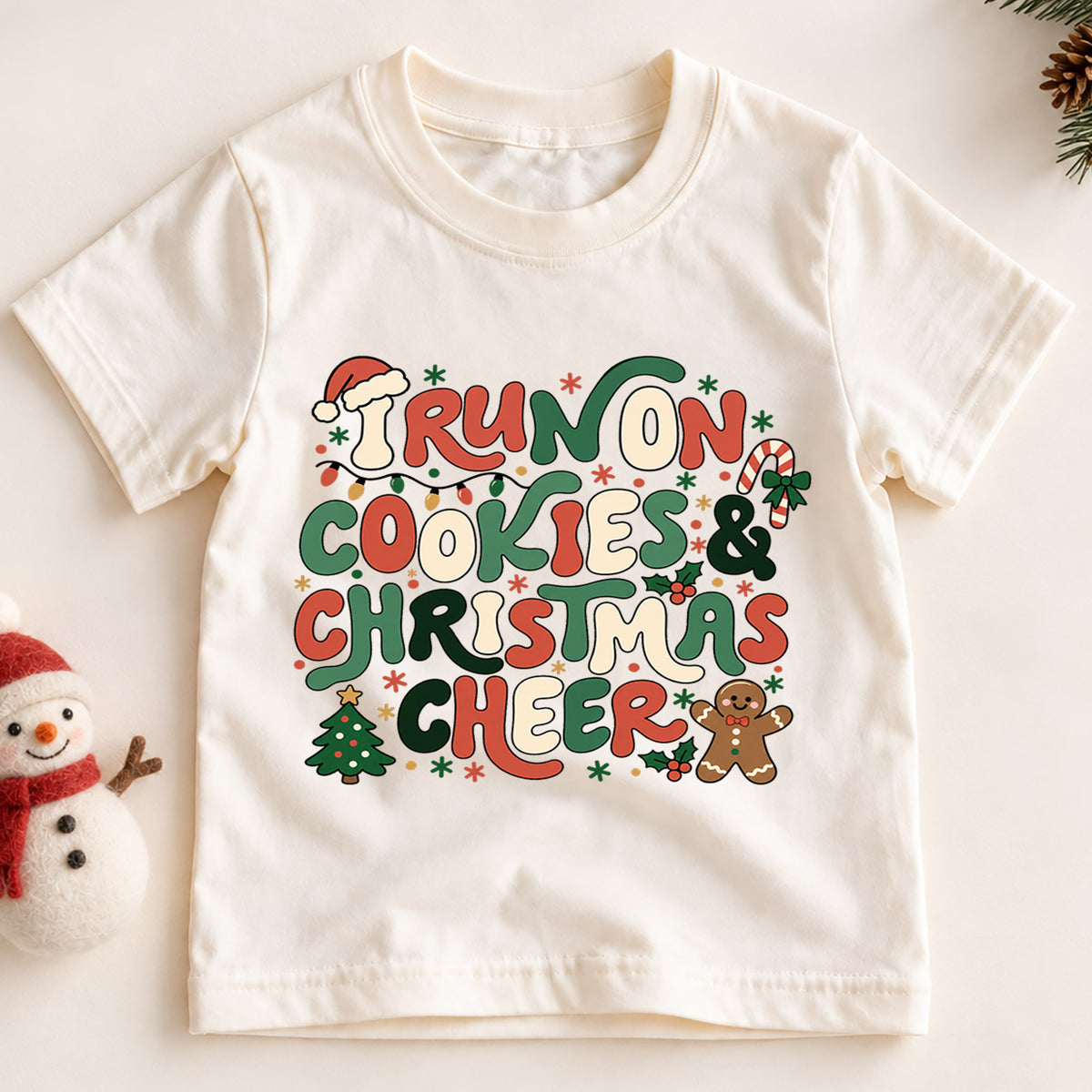 I Run On Cookies Christmas Cheer Shirt, Retro Gingerbread Toddler Tee, Cute Holiday Kids T-Shirt, Christmas Cookie Lover Top, Xmas Gift — product view 2