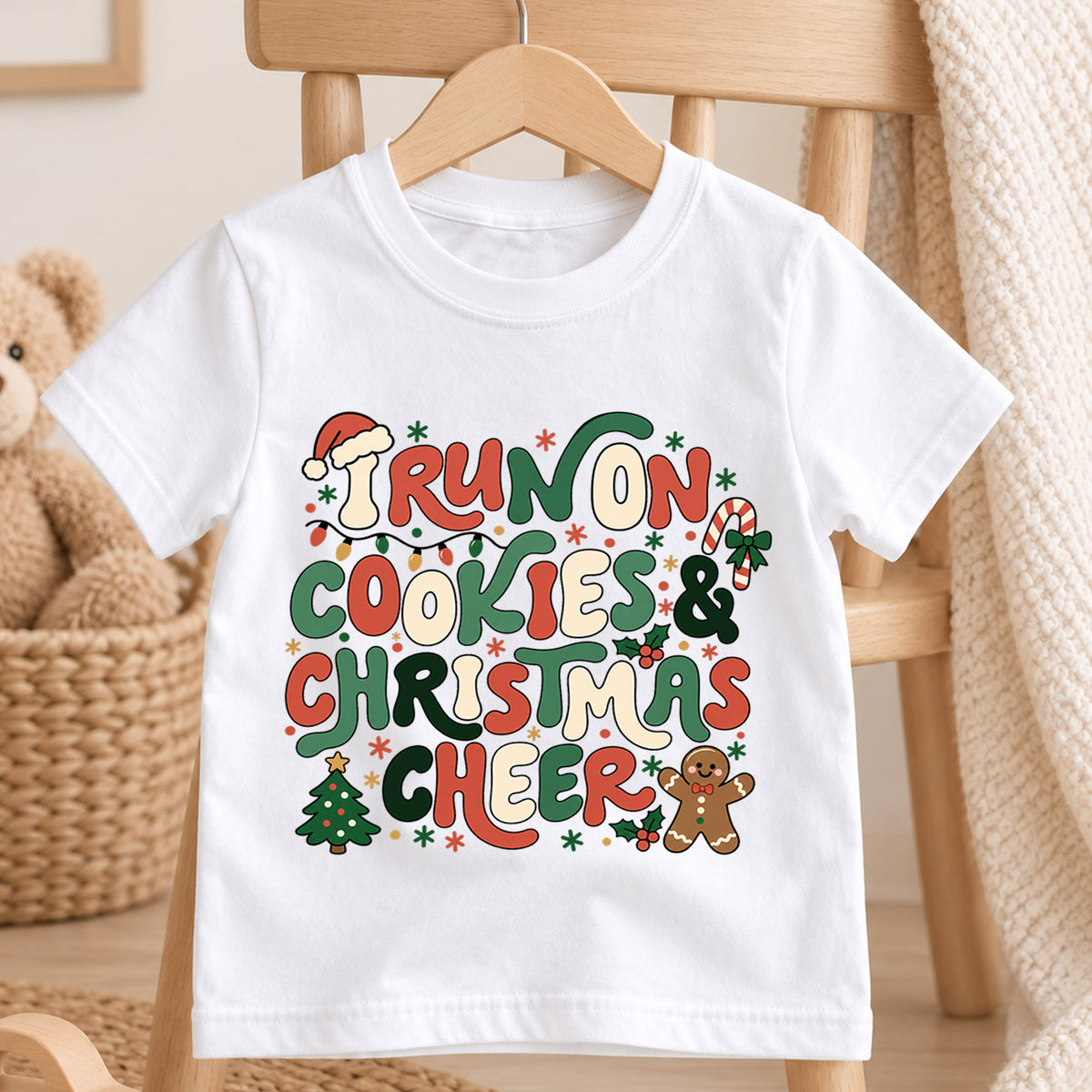 I Run On Cookies Christmas Cheer Shirt, Retro Gingerbread Toddler Tee, Cute Holiday Kids T-Shirt, Christmas Cookie Lover Top, Xmas Gift — product view 4
