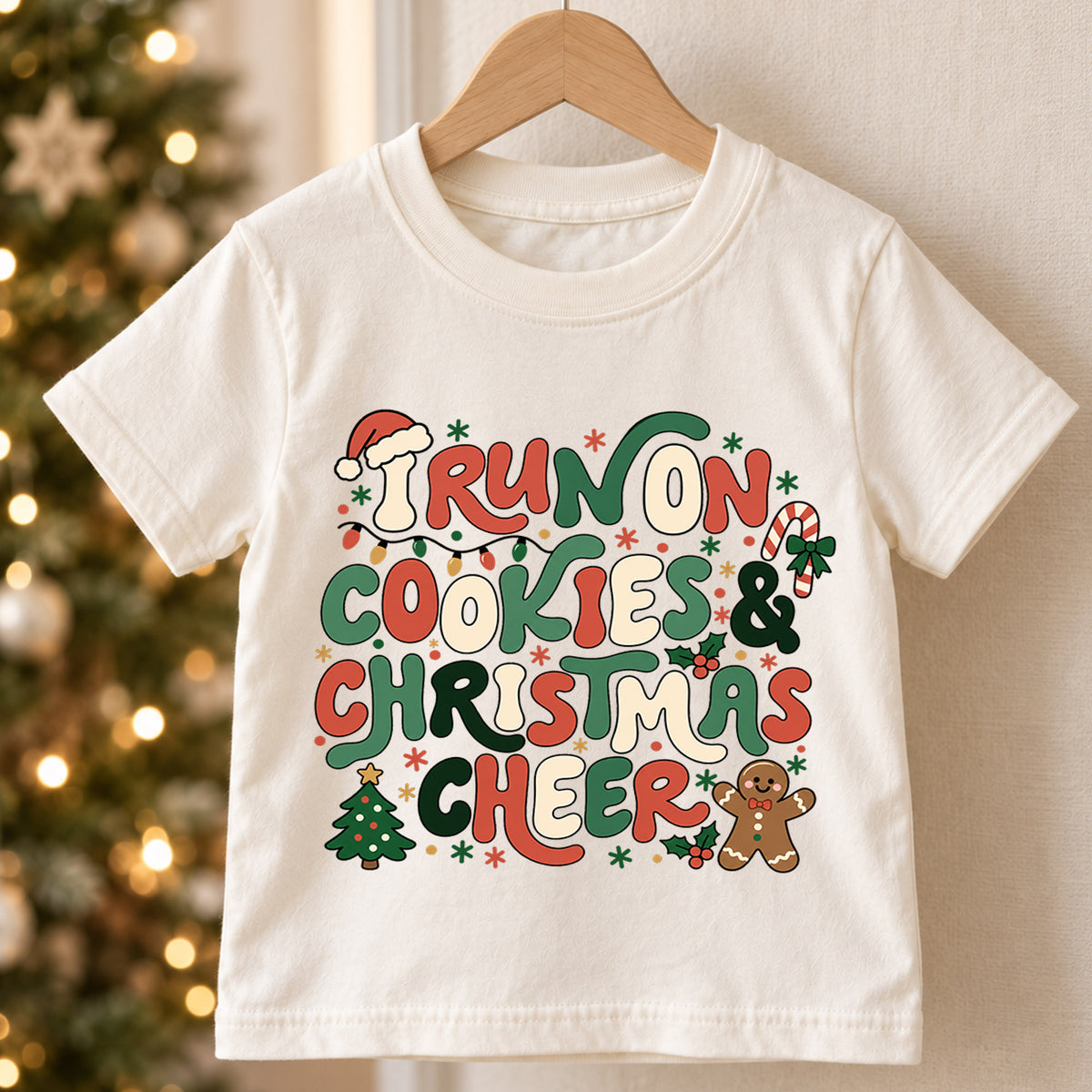 I Run On Cookies Christmas Cheer Shirt, Retro Gingerbread Toddler Tee, Cute Holiday Kids T-Shirt, Christmas Cookie Lover Top, Xmas Gift — product view 5