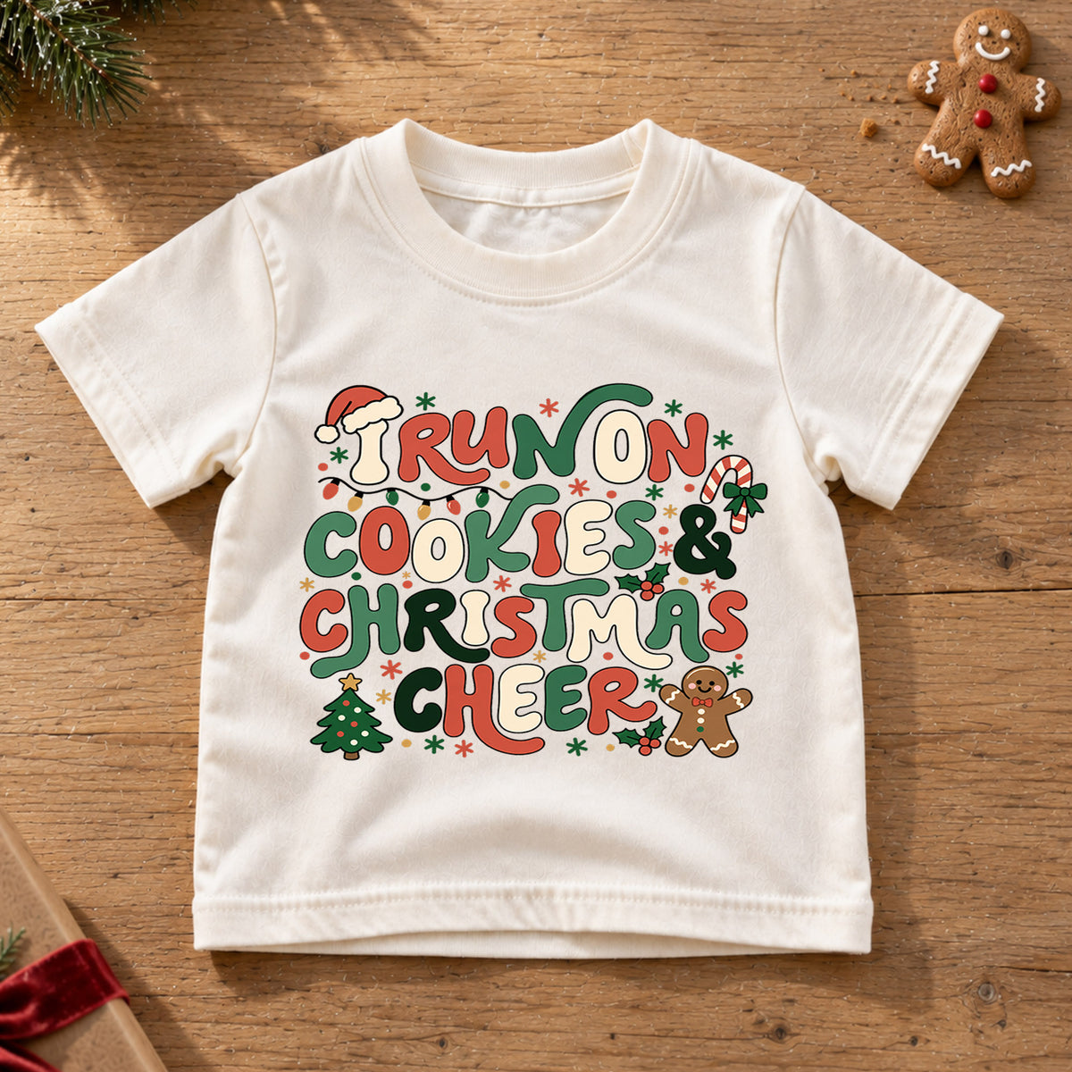 I Run On Cookies Christmas Cheer Shirt, Retro Gingerbread Toddler Tee, Cute Holiday Kids T-Shirt, Christmas Cookie Lover Top, Xmas Gift — product view 6