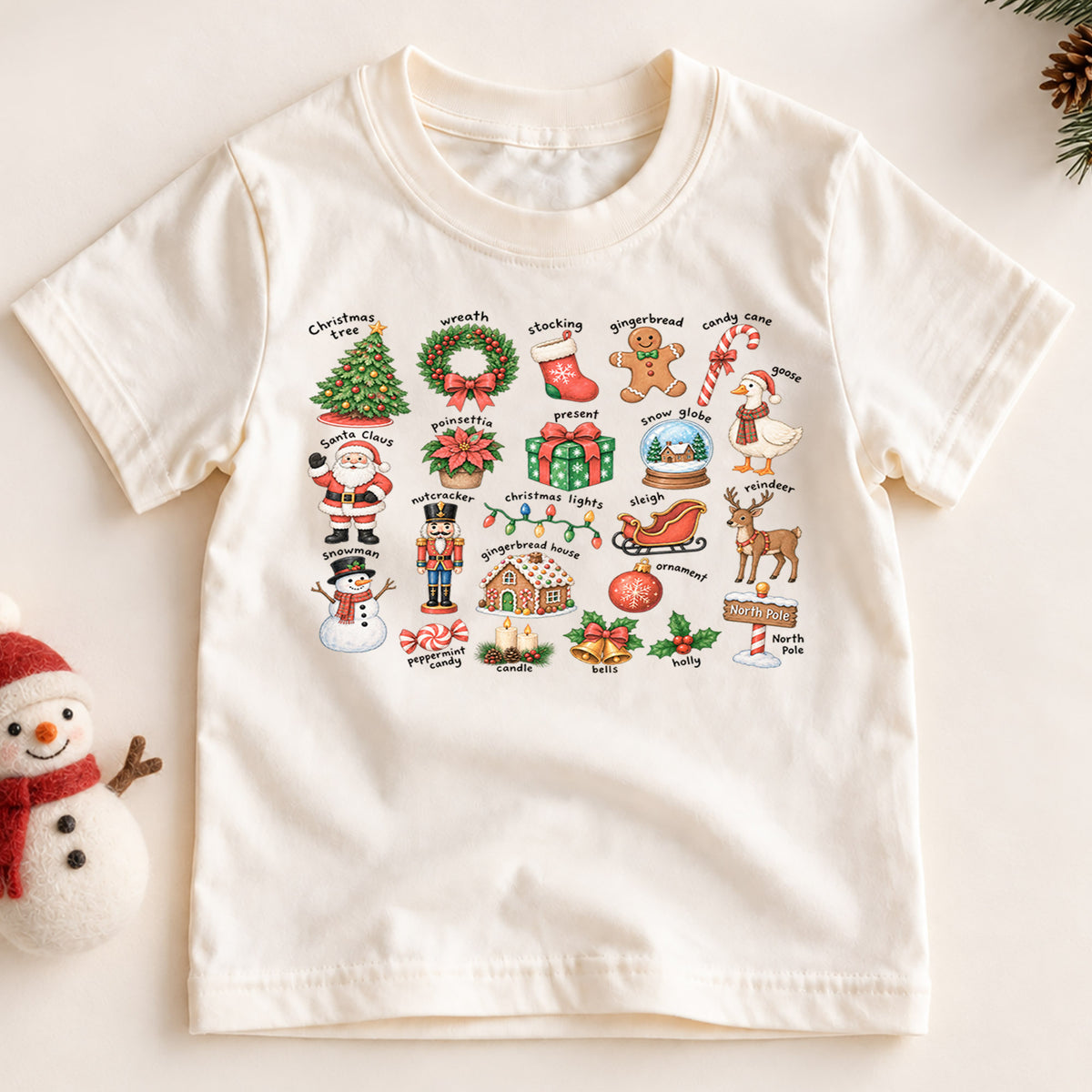 Vintage Christmas Icons Shirt, Nostalgic Holiday Chart Kids T-Shirt, Cute Winter Toddler Tee, Retro Santa Nutcracker Sleigh Graphic Top — product view 2