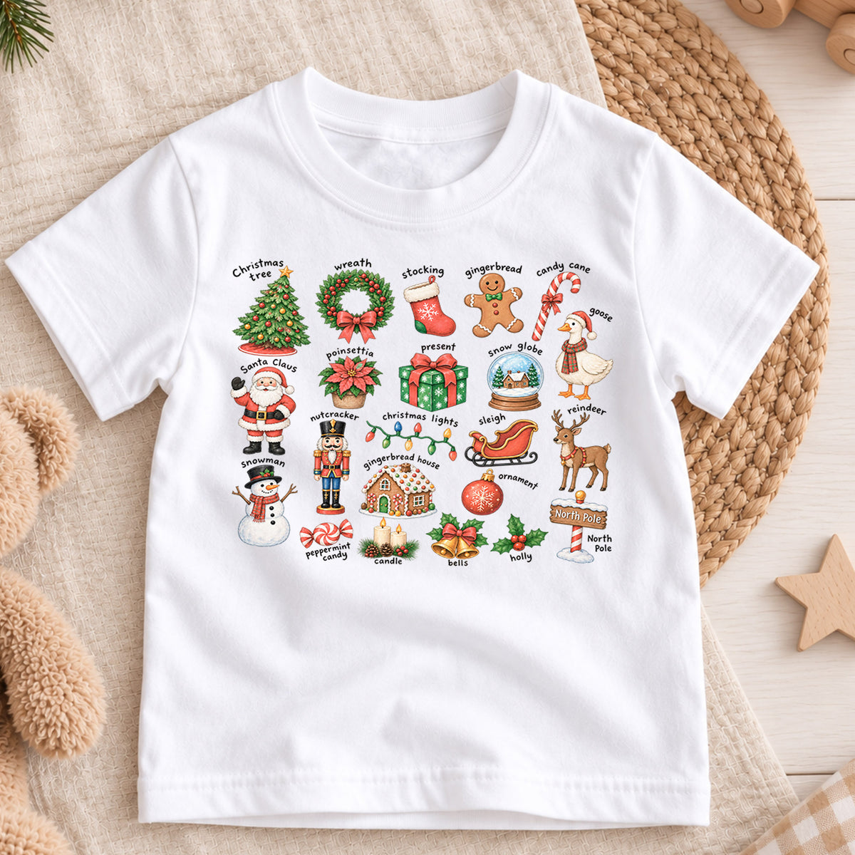 Vintage Christmas Icons Shirt, Nostalgic Holiday Chart Kids T-Shirt, Cute Winter Toddler Tee, Retro Santa Nutcracker Sleigh Graphic Top — product view 3