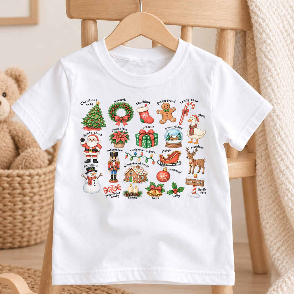 Vintage Christmas Icons Shirt, Nostalgic Holiday Chart Kids T-Shirt, Cute Winter Toddler Tee, Retro Santa Nutcracker Sleigh Graphic Top — product view 4