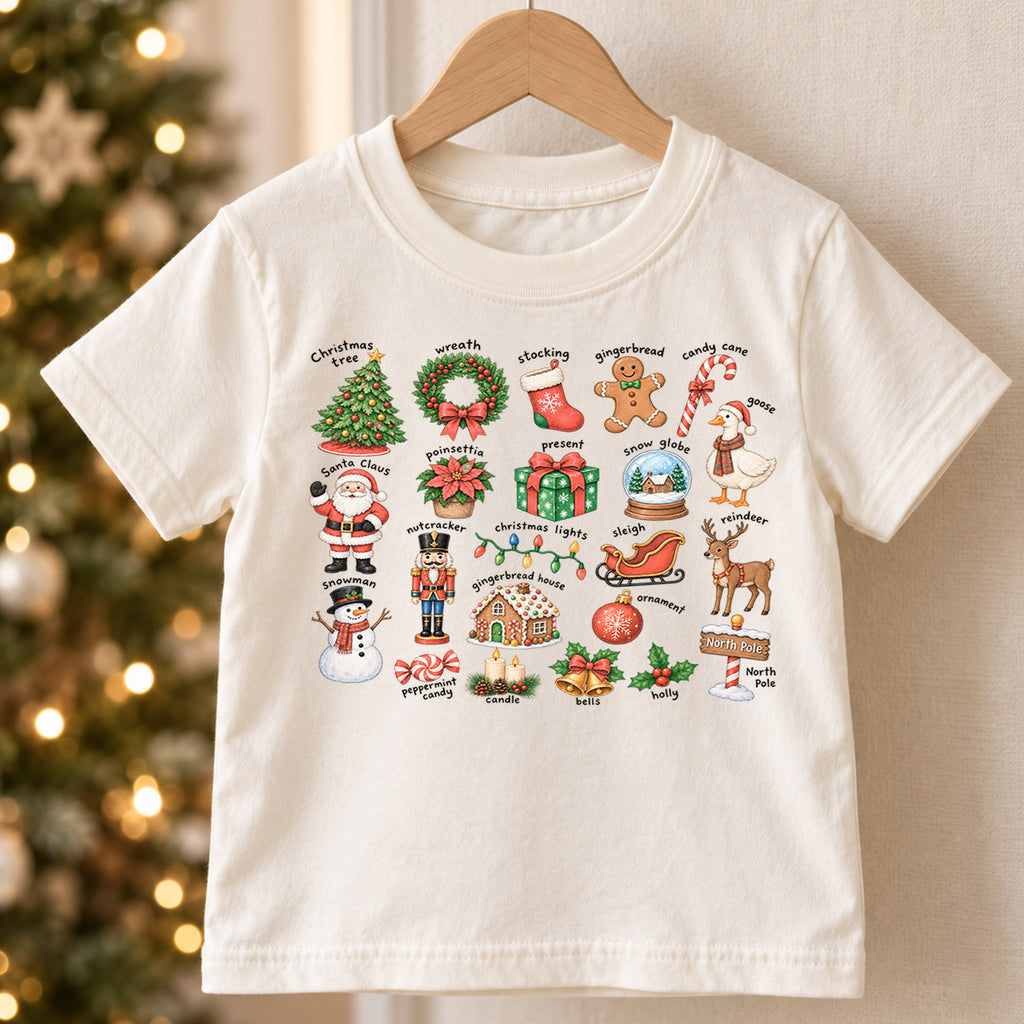 Vintage Christmas Icons Shirt, Nostalgic Holiday Chart Kids T-Shirt, Cute Winter Toddler Tee, Retro Santa Nutcracker Sleigh Graphic Top — product view 5