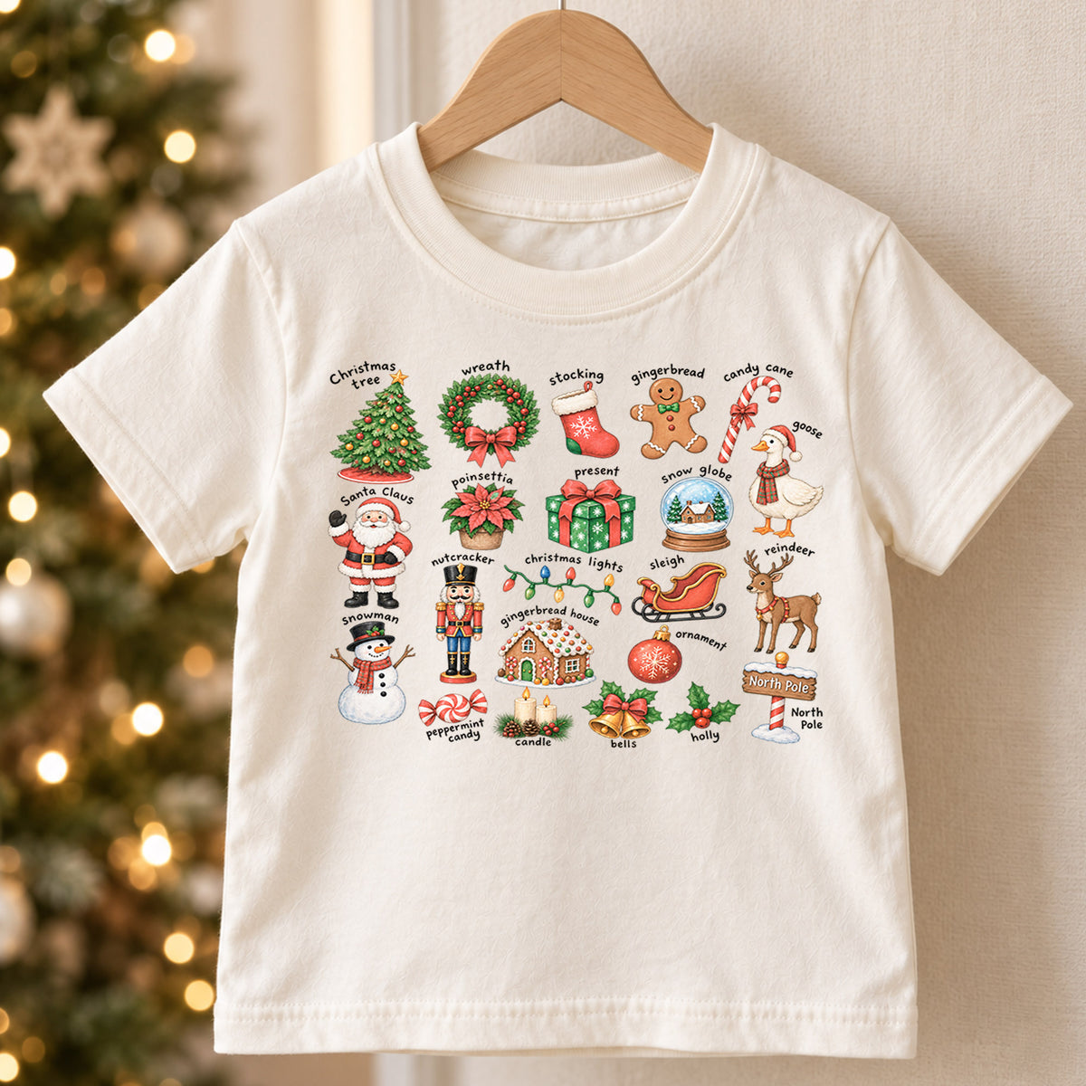 Vintage Christmas Icons Shirt, Nostalgic Holiday Chart Kids T-Shirt, Cute Winter Toddler Tee, Retro Santa Nutcracker Sleigh Graphic Top — product view 5