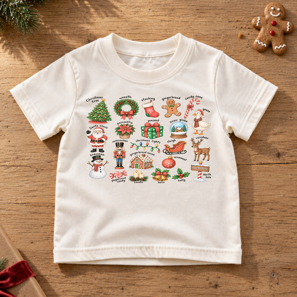 Vintage Christmas Icons Shirt, Nostalgic Holiday Chart Kids T-Shirt, Cute Winter Toddler Tee, Retro Santa Nutcracker Sleigh Graphic Top — product view 6