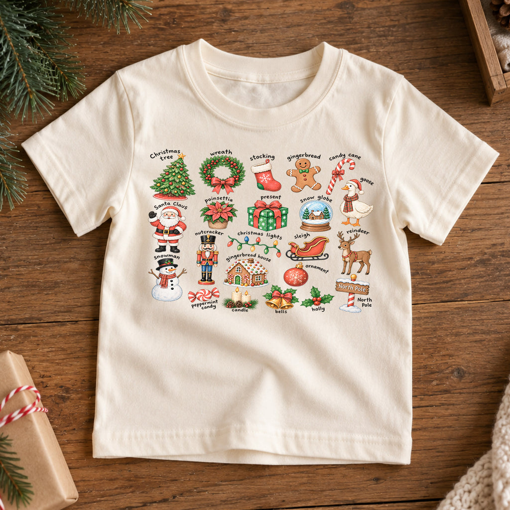 Vintage Christmas Icons Shirt, Nostalgic Holiday Chart Kids T-Shirt, Cute Winter Toddler Tee, Retro Santa Nutcracker Sleigh Graphic Top — product view 7
