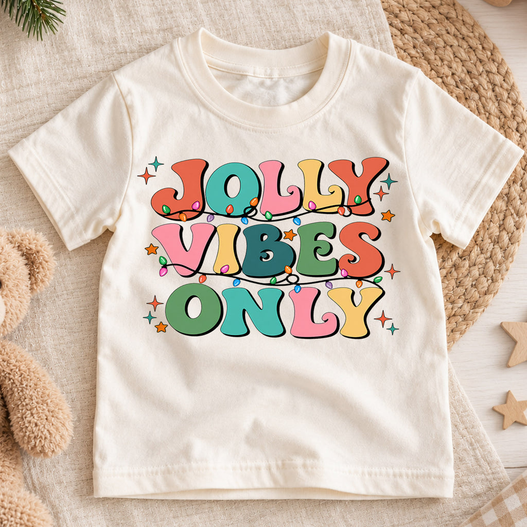 Retro Jolly Vibes Only Shirt, Colorful Christmas Lights Kids T-Shirt, Groovy Holiday Toddler Tee, Cheerful Xmas Graphic Top, Winter Gift — product view 1