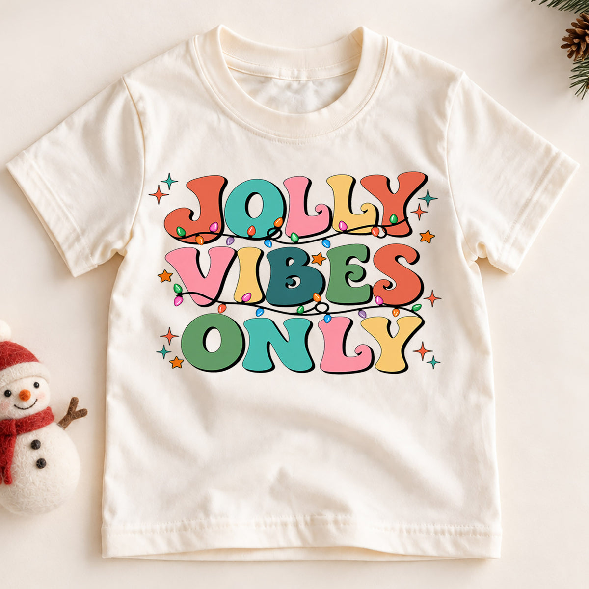 Retro Jolly Vibes Only Shirt, Colorful Christmas Lights Kids T-Shirt, Groovy Holiday Toddler Tee, Cheerful Xmas Graphic Top, Winter Gift — product view 2