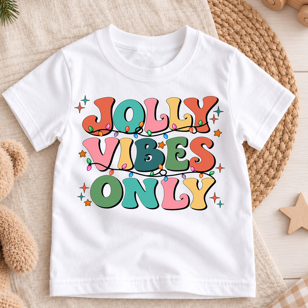 Retro Jolly Vibes Only Shirt, Colorful Christmas Lights Kids T-Shirt, Groovy Holiday Toddler Tee, Cheerful Xmas Graphic Top, Winter Gift — product view 3