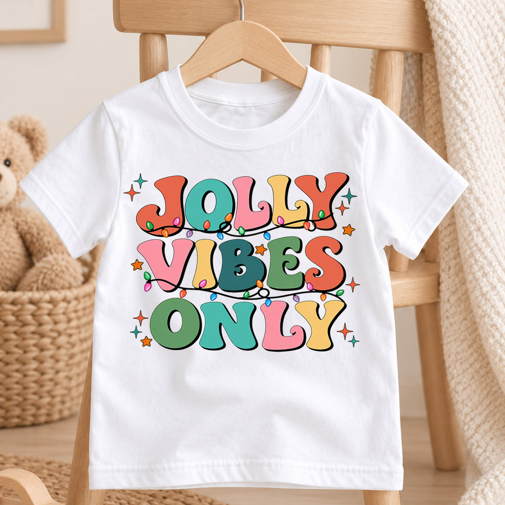 Retro Jolly Vibes Only Shirt, Colorful Christmas Lights Kids T-Shirt, Groovy Holiday Toddler Tee, Cheerful Xmas Graphic Top, Winter Gift — product view 4
