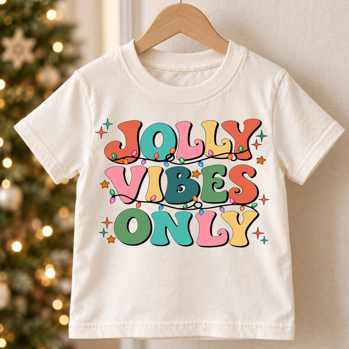 Retro Jolly Vibes Only Shirt, Colorful Christmas Lights Kids T-Shirt, Groovy Holiday Toddler Tee, Cheerful Xmas Graphic Top, Winter Gift — product view 5