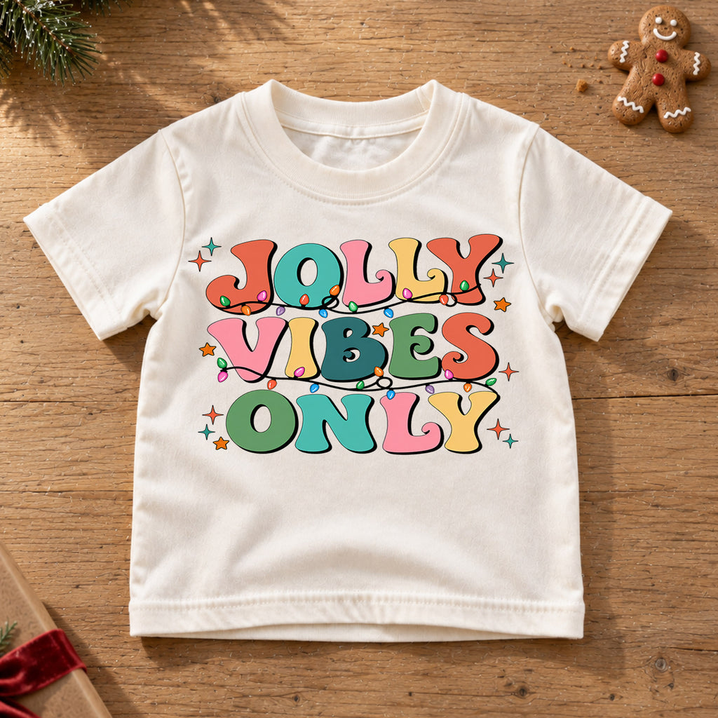 Retro Jolly Vibes Only Shirt, Colorful Christmas Lights Kids T-Shirt, Groovy Holiday Toddler Tee, Cheerful Xmas Graphic Top, Winter Gift — product view 6