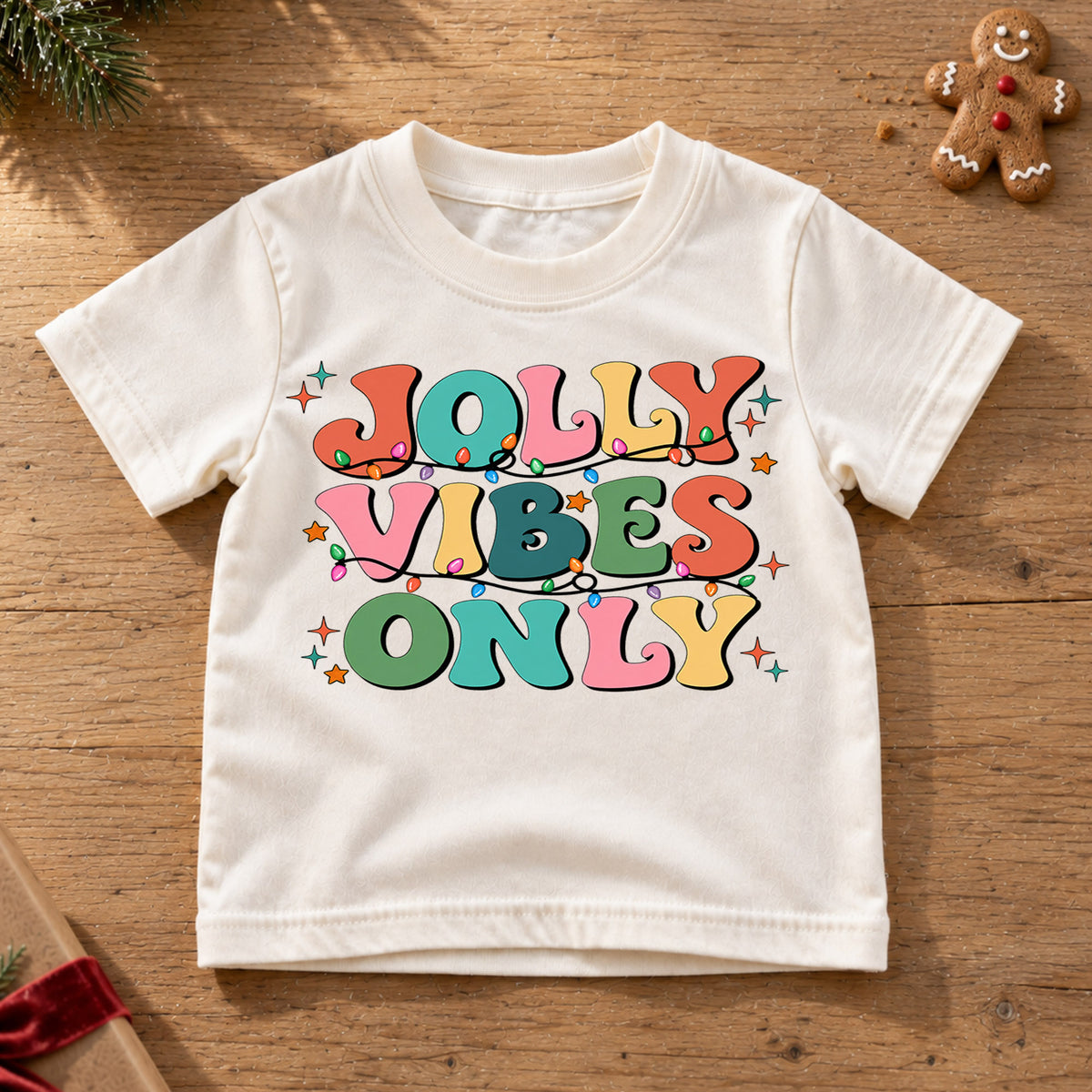 Retro Jolly Vibes Only Shirt, Colorful Christmas Lights Kids T-Shirt, Groovy Holiday Toddler Tee, Cheerful Xmas Graphic Top, Winter Gift — product view 6