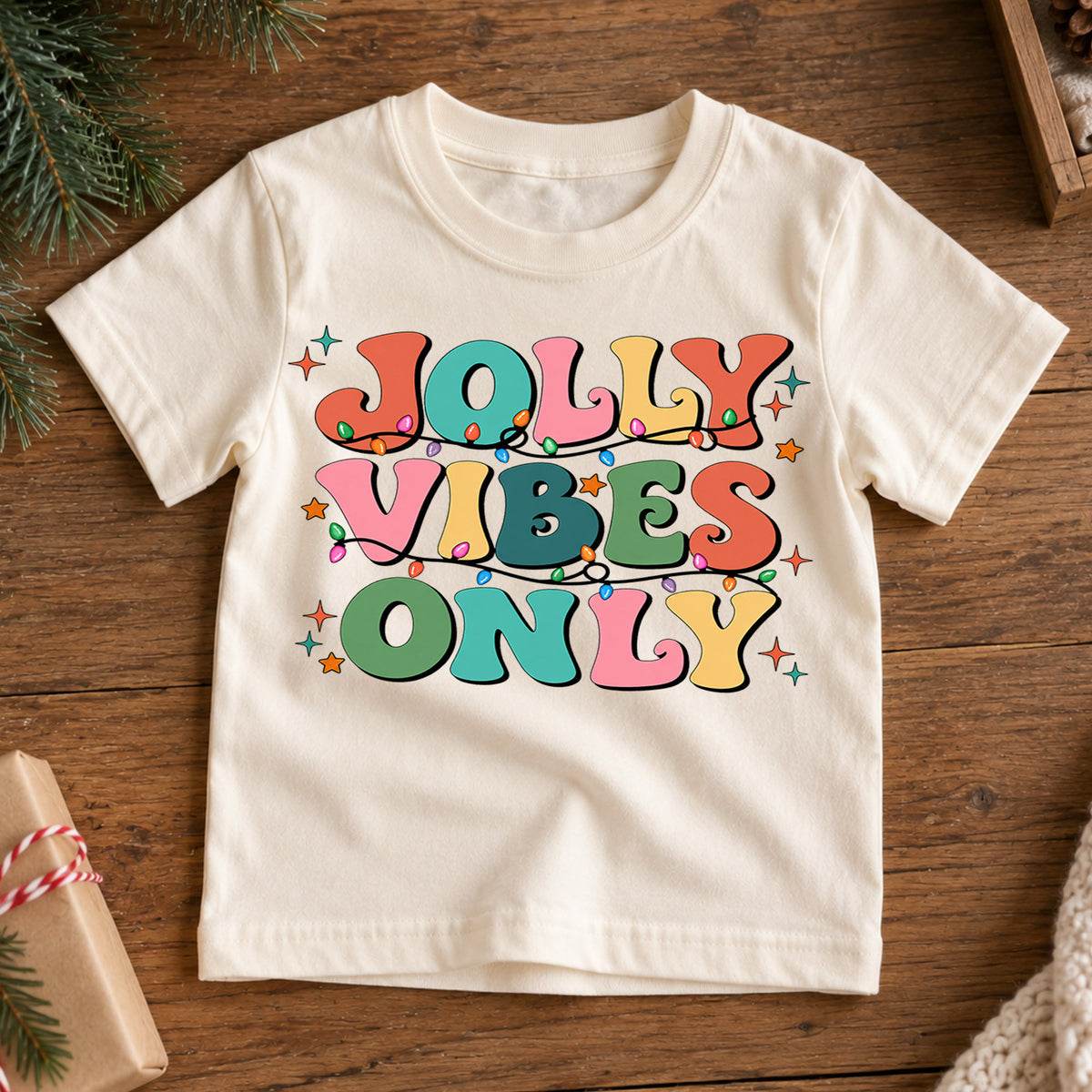 Retro Jolly Vibes Only Shirt, Colorful Christmas Lights Kids T-Shirt, Groovy Holiday Toddler Tee, Cheerful Xmas Graphic Top, Winter Gift — product view 7