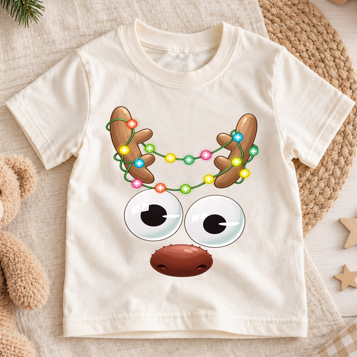 Funny Reindeer Face Shirt, Cute Googly Eyes Reindeer Kids T-Shirt, Christmas Lights Antlers Toddler Tee, Silly Holiday Graphic Top, Gift — product view 1