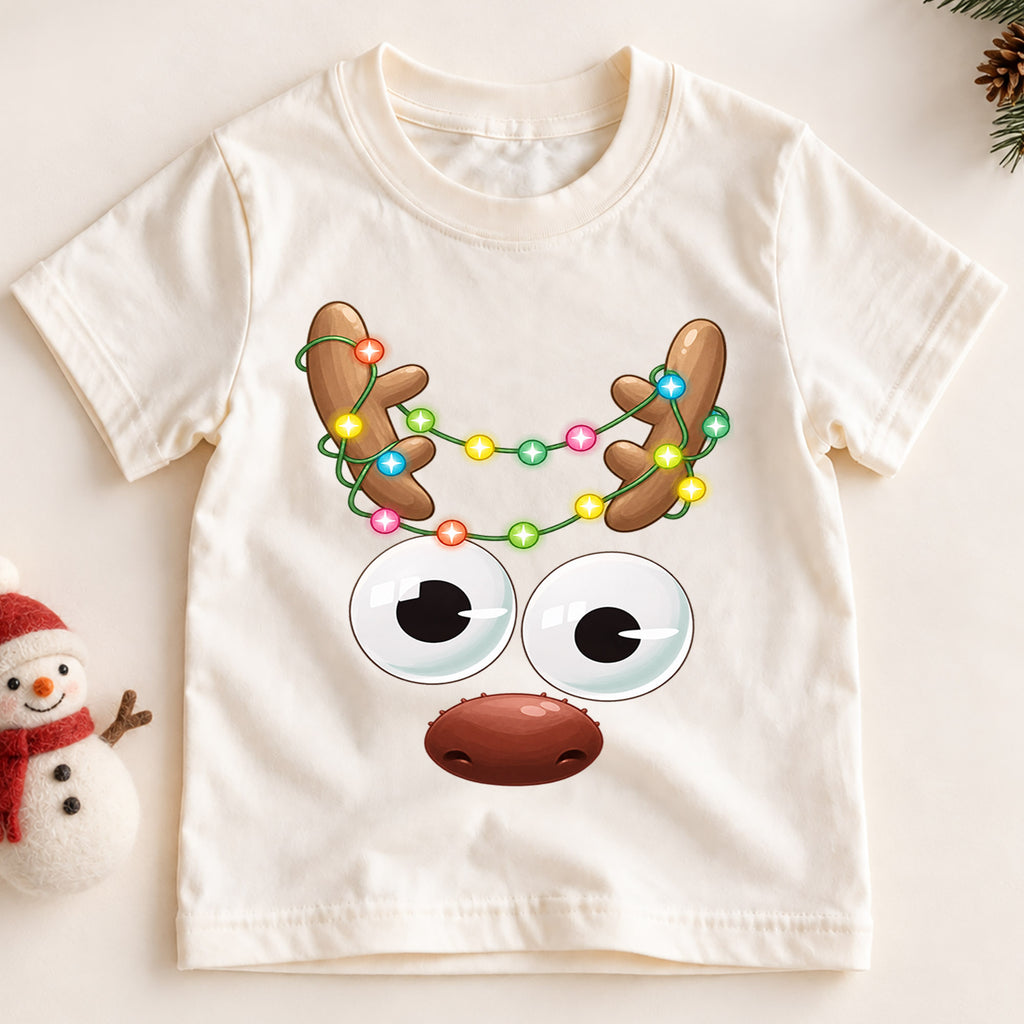 Funny Reindeer Face Shirt, Cute Googly Eyes Reindeer Kids T-Shirt, Christmas Lights Antlers Toddler Tee, Silly Holiday Graphic Top, Gift — product view 2