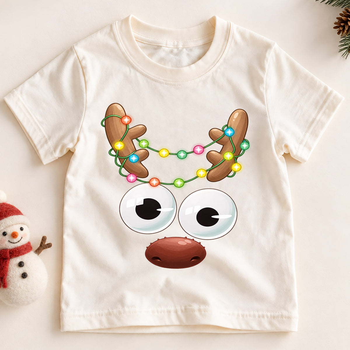 Funny Reindeer Face Shirt, Cute Googly Eyes Reindeer Kids T-Shirt, Christmas Lights Antlers Toddler Tee, Silly Holiday Graphic Top, Gift — product view 2