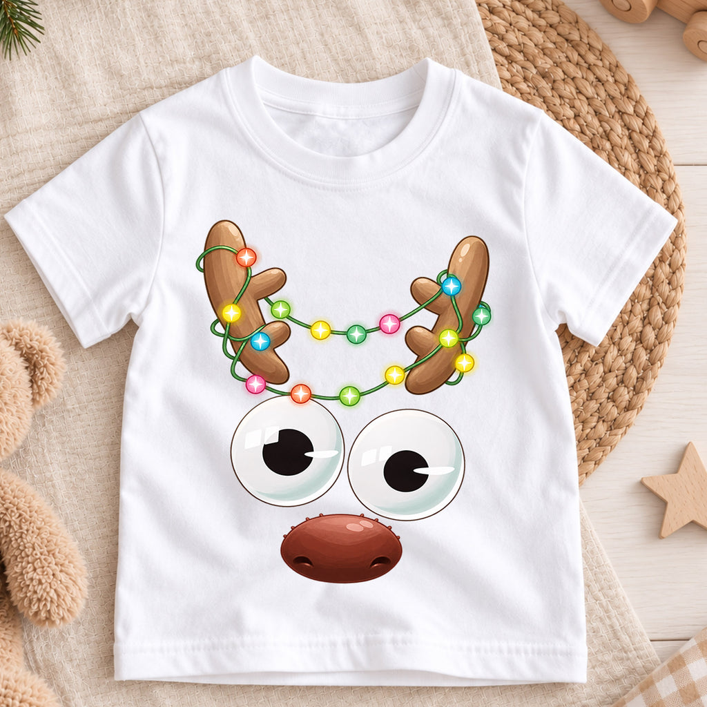 Funny Reindeer Face Shirt, Cute Googly Eyes Reindeer Kids T-Shirt, Christmas Lights Antlers Toddler Tee, Silly Holiday Graphic Top, Gift — product view 3