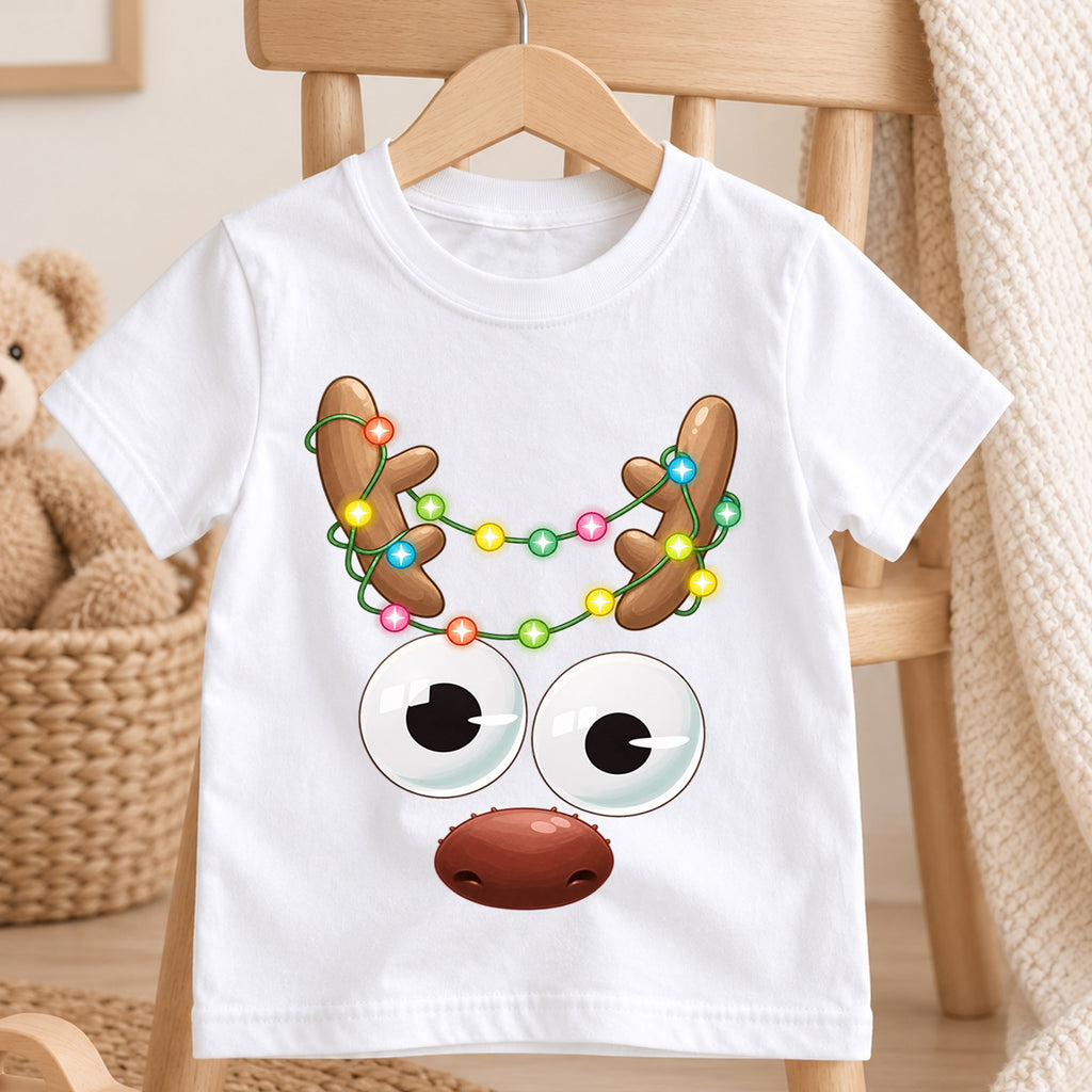 Funny Reindeer Face Shirt, Cute Googly Eyes Reindeer Kids T-Shirt, Christmas Lights Antlers Toddler Tee, Silly Holiday Graphic Top, Gift — product view 4